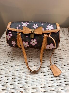 Rare Louis Vuitton Brown Monogram Cherry Blossom Print Bow Barrel Bag